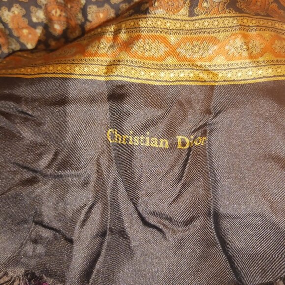 Vintage Christian Dior Paisley Italian Silk And Wool Two Sided Scarf Brown Gold - Picture 4 of 6
